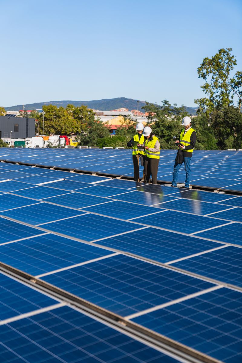 Técnicos inspeccionando paneles solares